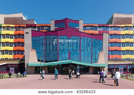 Frontview With People Visiting The Dutch Isala Hospital Of Zwolle