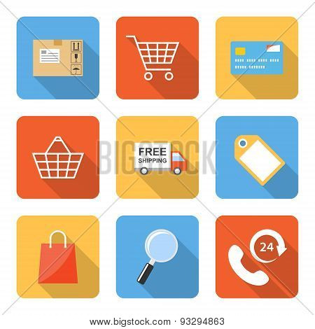 Flat Shopping Icons With Long Shadows. Vector Illustration