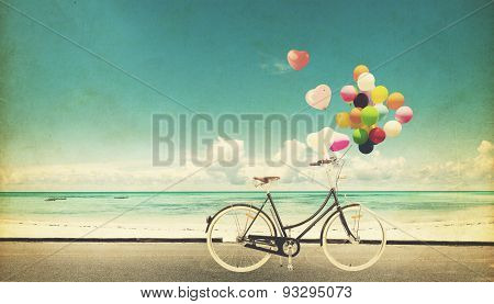 Card of bicycle vintage with colorful balloon