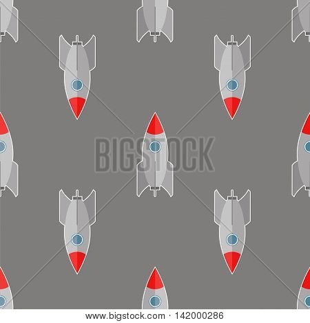 Space Rocket Flying on Grey Background. Seamless Pattern