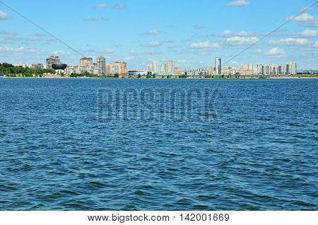 Kazanka River. View of the right bank of the river Kazanka. The city of Kazan, Republic of Tatarstan, Russia.