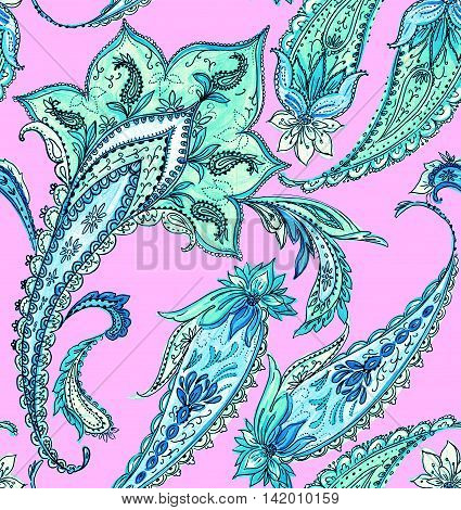 Seamless paisleys design with detailed ornaments on pink background.