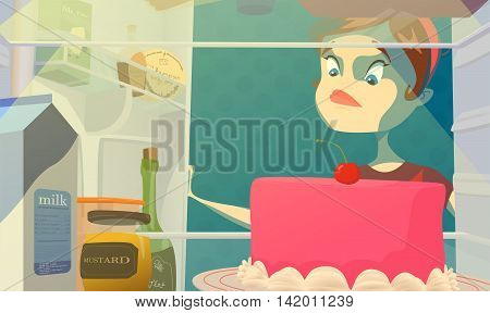 Fat hungry woman and open night fridge. Diet color vector concept creative idea stock illustration. Isolated.