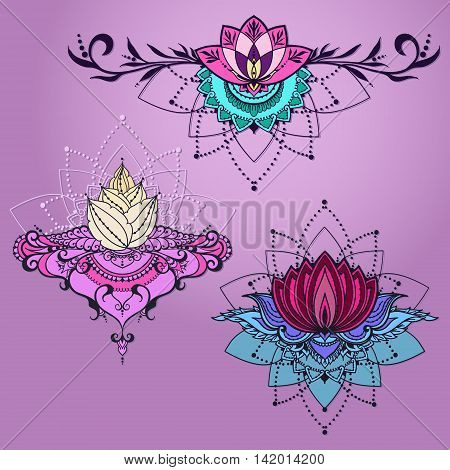 Freehand drawing of three lotus flowers in east style. Can be used for backgrounds business style tattoo templates cards design or else. Vector illustration.