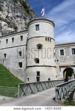 The main entrance of the lower fort of Fort l'Ecluse, situated in the Rhone valley, in the Jura mountains of France.