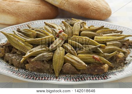 Traditional  Moroccan dish with meat and okra, Mloukhiya