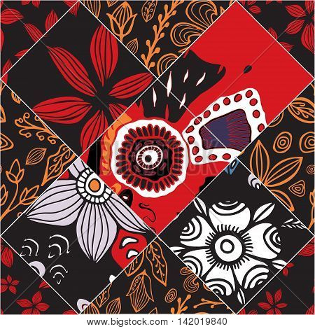 stock vector floral seamless doodle pattern. decorative element.Red patchwork design