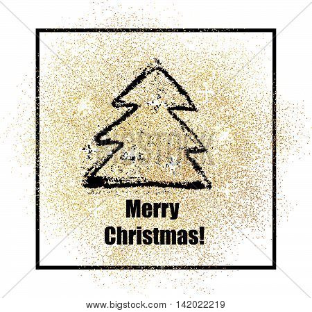 Merry Christmas on gold glitter splash on white background in black frame.Christmas tree. Vector illustration.