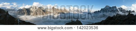 Evening panoramic view of Mount Everest Lhotse Makalu and Cho Oyu from Gokyo Ri - Khumbu valley sagarmatha national park - Nepal