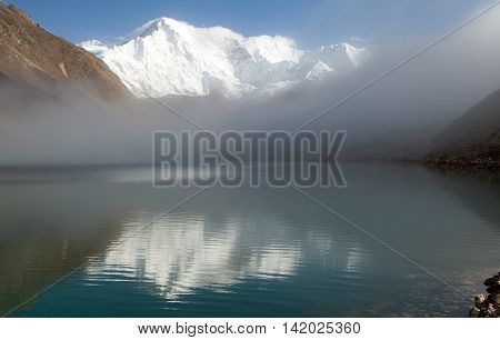 View of mount Cho Oyu mirroring in Gokyo lake or Dudh Pokhari three passes trek and Cho Oyu base camp trek Sagarmatha national park Khumbu valley Nepal
