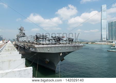HONG KONG, CHINA - Sept 18:The U.S. amphibious assault ship USS Bonhomme Richard pulled in Hong Kong waters on Sept 18,2013 to get replenishment.Commissioned in 1998, the 40,500-ton vessel.