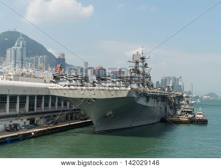 HONG KONG, CHINA - Sept 18:The U.S. amphibious assault ship USS Bonhomme Richard pulled in Hong Kong waters on Sept 18,2013 to get replenishment.Commissioned in 1998, the 40,500-ton vessel.