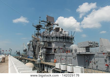 HONG KONG, CHINA - Sept 18:The U.S. amphibious assault ship USS Bonhomme Richard pulled in Hong Kong waters on Sept 18,2013 to get replenishment.Commissioned in 1998, the 40,500-ton vessel.