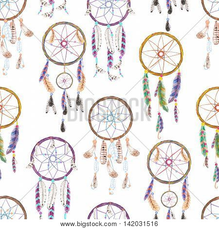 Seamless pattern with dreamcatchers, hand drawn in watercolor on a white background