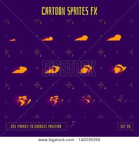 Smoke explosion sprites or fx animation frames icons. Use in game development, mobile games or motion graphic. Vector illustration.