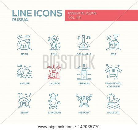 Russian national symbols - set of modern vector plain line design icons and pictograms. Church, folk, balalaika, izba, nature, bear, kremlin, traditional costume, snow, samovar history sailboat