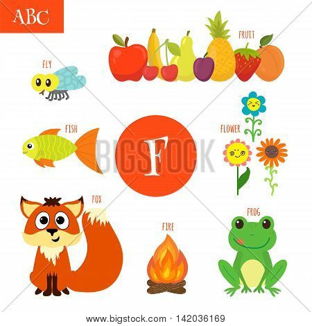 Letter F. Cartoon Alphabet For Children. Flower, Fox, Fire, Frog, Fish, Fruit, Fly