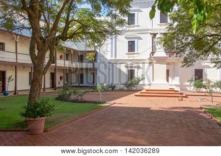 NEW NORCIA,WA,AUSTRALIA-JULY 15,2016: The Benedictine Monastery garden courtyard with statue in the historic monastic town of New Norcia, Western Australia.