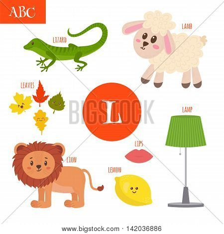 Letter L. Cartoon Alphabet For Children. Lion, Lamb, Lamp, Leaves, Lemon, Lizard, Lips