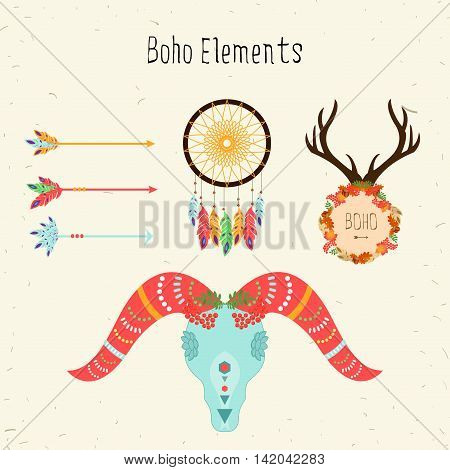 Boho elements. Vector ethnic set with arrows and sheep skull floral peace pattern deer antlers and dream catcher.