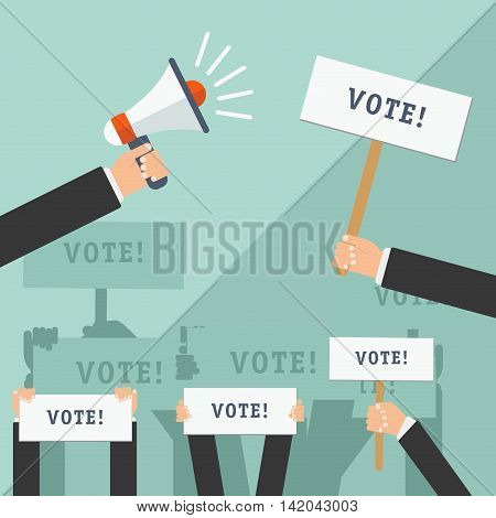 Set of hands holding different signs. Voting concept. Vector illustration.