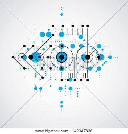 Vector Bauhaus blue abstract background made with grid and overlapping simple geometric elements circles and lines.