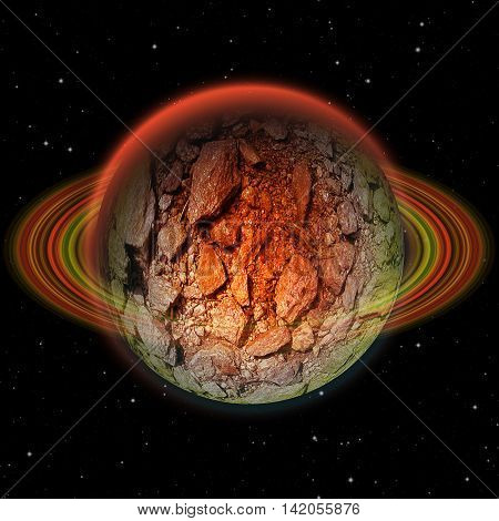 Abstract volcanic stone planet with red ring and hot scorching structure. Red, green and orange celestial body with layered ring on a black background