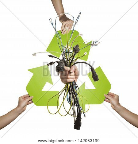 Electronic waste recycling- studio shot of numerous different kinds of cables isolated on white background