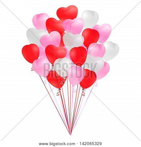 Bunch of transparent realistic heart shaped balloons of red, pink and white colors isolated on white background. Decoration for Birthday, Valentines Day, romantic cards design. Vector illustration.