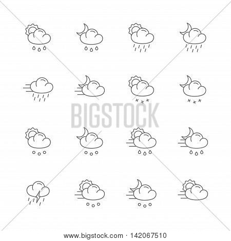 weather gray line icons set of 16