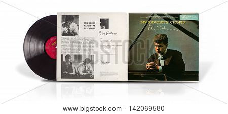 Rishon Le Zion Israel - July 23 2016: Old vinyl album My favorite Chopin. Classical piano album of American pianist Van Cliburn was printed in Mexico