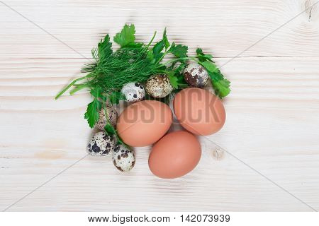 quail egg chicken herbs, on a white board