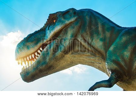 NOVI SAD SERBIA - AUGUST 5 2016: Tyrannosaurus life size model of prehistoric animal in theme entertainment Dino Park. T-rex was one of the largest land carnivores of all time.