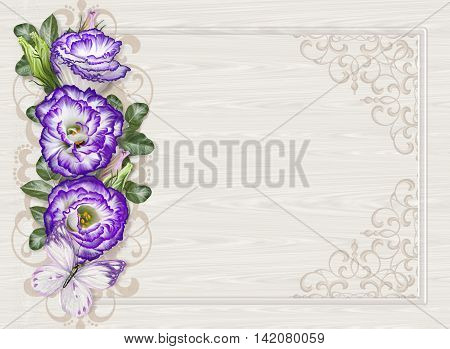 Vintage postcard. Old style invitation card. Lace openwork weaving delicate frame. Composition eustoma violet white butterfly. Floral background.