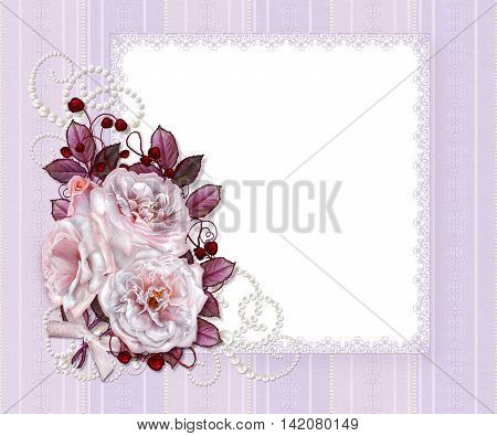 Vintage postcard. Old style. Bouquet pink roses on a pastel background invitation card. Lace openwork weaving delicate frame.