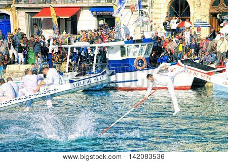 SETE FRANCE - March 26 2016: Water Jousting performance during Stopover in Sete - Maritime Traditions Festival from the 22 to 28 march 2016 at the streets of Sete South of France