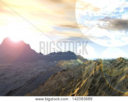 Planet of Storms. Exoplanet Exploration - Fantasy and Surreal Landscape. 3D rendering.