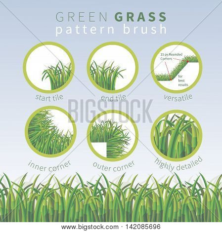 Highly detailed green grass vector pattern brush. Outer and inner corner tiles start and end tiles are included.