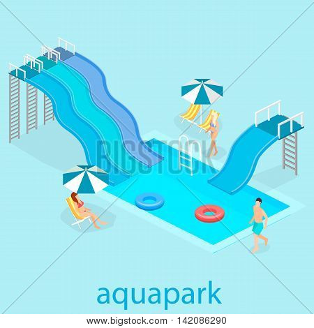 flat 3d isometric summer aquapark. Waterslide at the pool