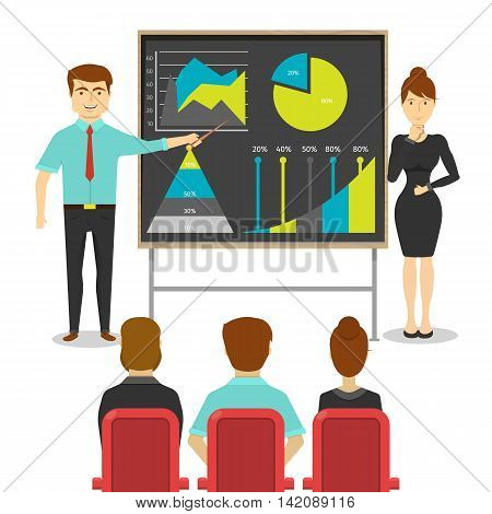 Business people at presentation design of young man and woman near board with digrams statistics vector illustration