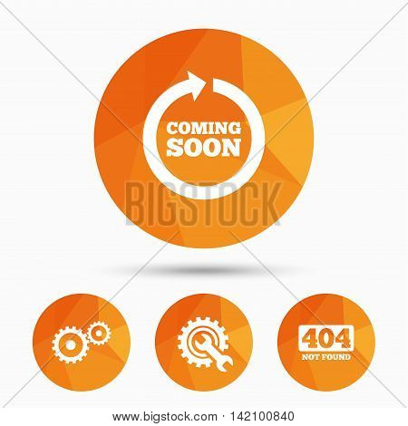 Coming soon rotate arrow icon. Repair service tool and gear symbols. Wrench sign. 404 Not found. Triangular low poly buttons with shadow. Vector
