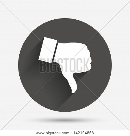 Dislike sign icon. Thumb down sign. Hand finger down symbol. Circle flat button with shadow. Vector