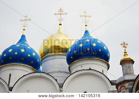 Church Domes in Trinity Sergius Lavra Sergiev Posad Russia. UNESCO World Heritage Site.