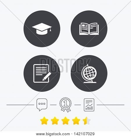 Pencil with document and open book icons. Graduation cap and geography globe symbols. Learn signs. Chat, award medal and report linear icons. Star vote ranking. Vector