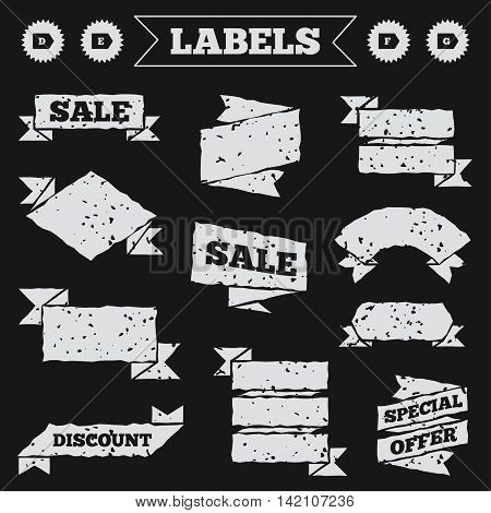 Stickers, tags and banners with grunge. Energy efficiency class icons. Energy consumption sign symbols. Class D, E, F and G. Sale or discount labels. Vector