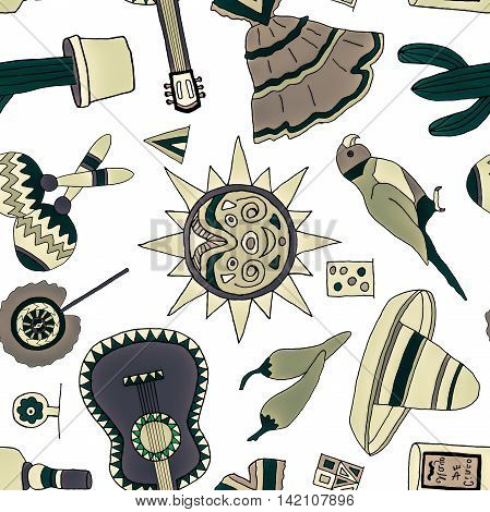 Seamless pattern with hand drawn mexican elements. Perfect background for your design. Travel to Mexico texture.