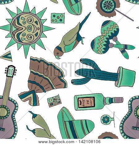 Seamless pattern with hand drawn mexican elements. Perfect background for your design. Travel to Mexico texture.