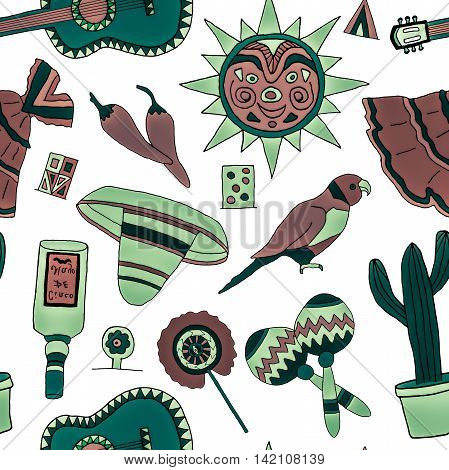 Seamless pattern with hand drawn mexican elements. Perfect background for your design. Travel to Mexico texture.