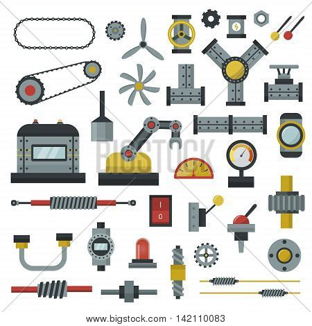 Parts of machinery flat icons set manufacturing work detail design. Gear mechanical equipment part industry technical engine. Vector technology icon set industry engineering technical factory tool.