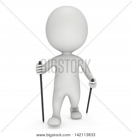 Nordic walking white blank man. 3d render illustration isolated on white background. Concept of helthcare and fitness small people.